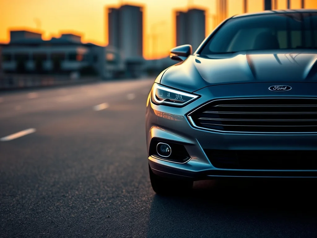 Srebrny Ford Mondeo sedan zaparkowany na drodze w świetle zachodzącego słońca, podkreślającym nowoczesny design auta.