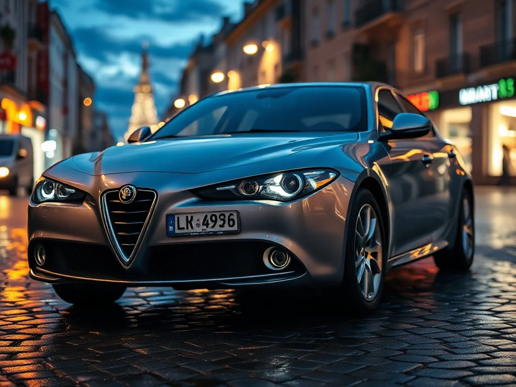 Srebrna Alfa Romeo 159 zaparkowana na mokrym bruku o zmierzchu, podkreślająca charakterystyczny design i sportową stylistykę auta.