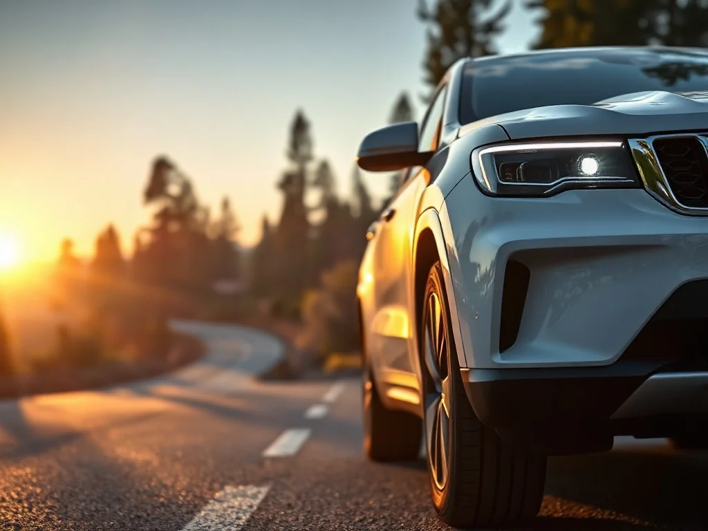 Biały SUV marki Skoda zaparkowany na malowniczej górskiej drodze w świetle zachodzącego słońca.
