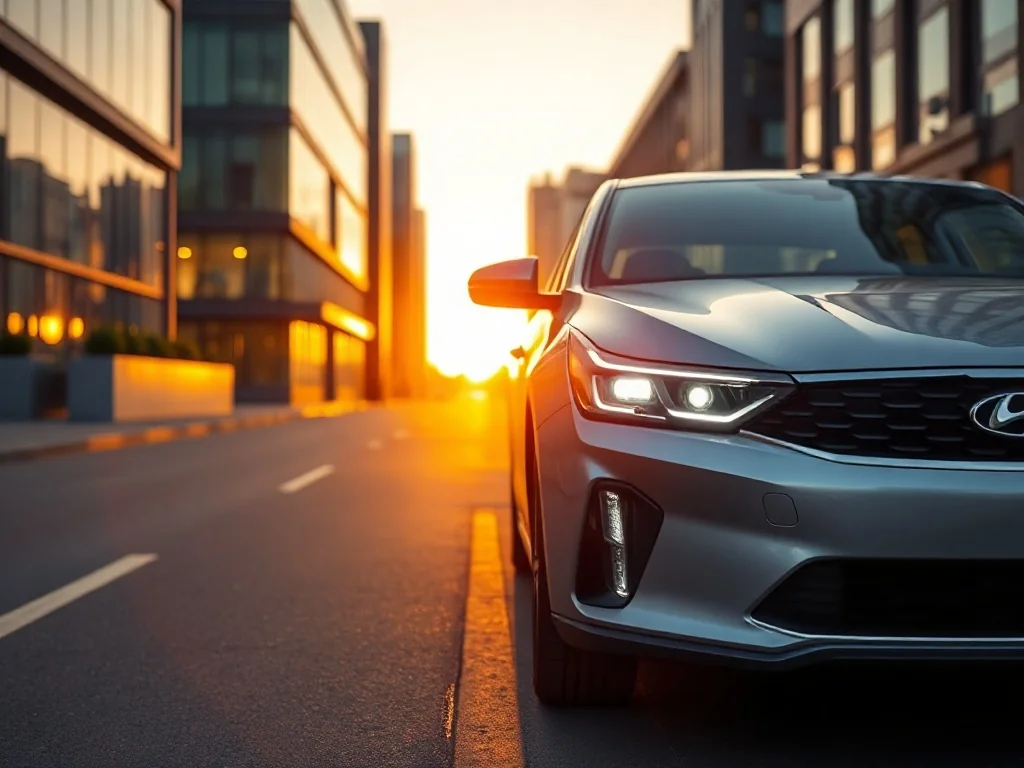 Srebrny Hyundai Grandeur zaparkowany na tle nowoczesnego budynku w świetle zachodzącego słońca.