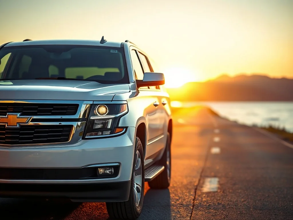 Biały Chevrolet Tahoe zaparkowany na malowniczej nadmorskiej trasie podczas zachodu słońca.