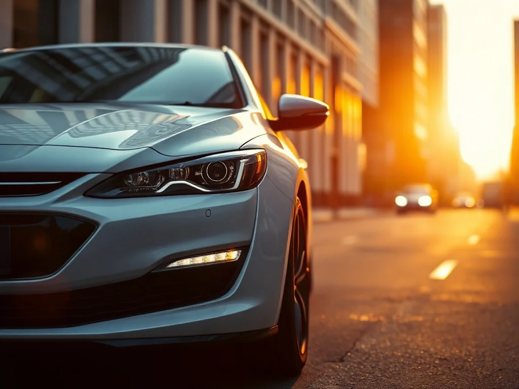 Biały Peugeot 308 zaparkowany na nowoczesnej ulicy w świetle zachodzącego słońca, z wyeksponowanym reflektorem LED.