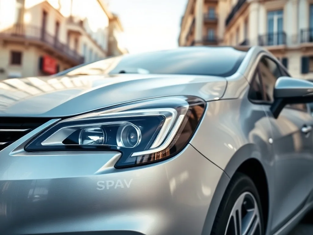 Srebrny Opel Corsa zaparkowany na nowoczesnej miejskiej ulicy, prezentujący detale przedniego reflektora i grilla.