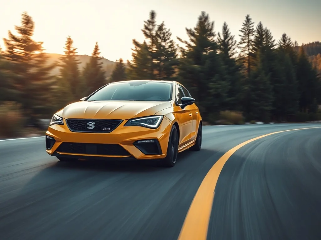 Żółty Renault Megane RS pędzący po krętej górskiej drodze w blasku zachodzącego słońca.