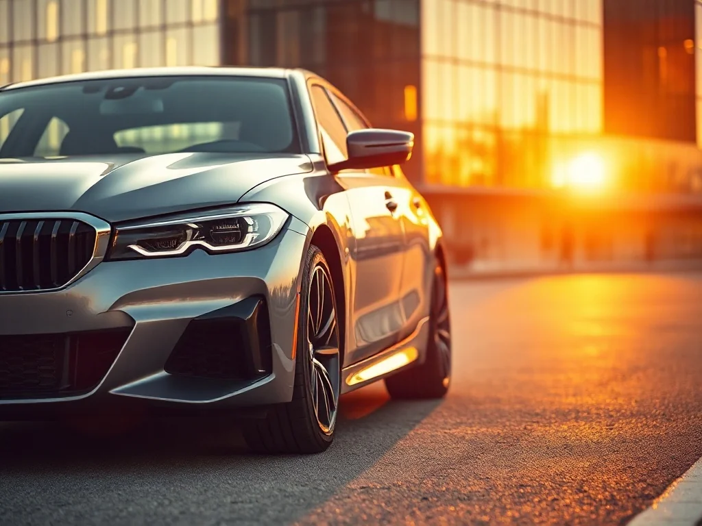 Srebrny sedan BMW G20 zaparkowany na tle nowoczesnego budynku w świetle zachodzącego słońca. Widok na dynamiczne reflektory.