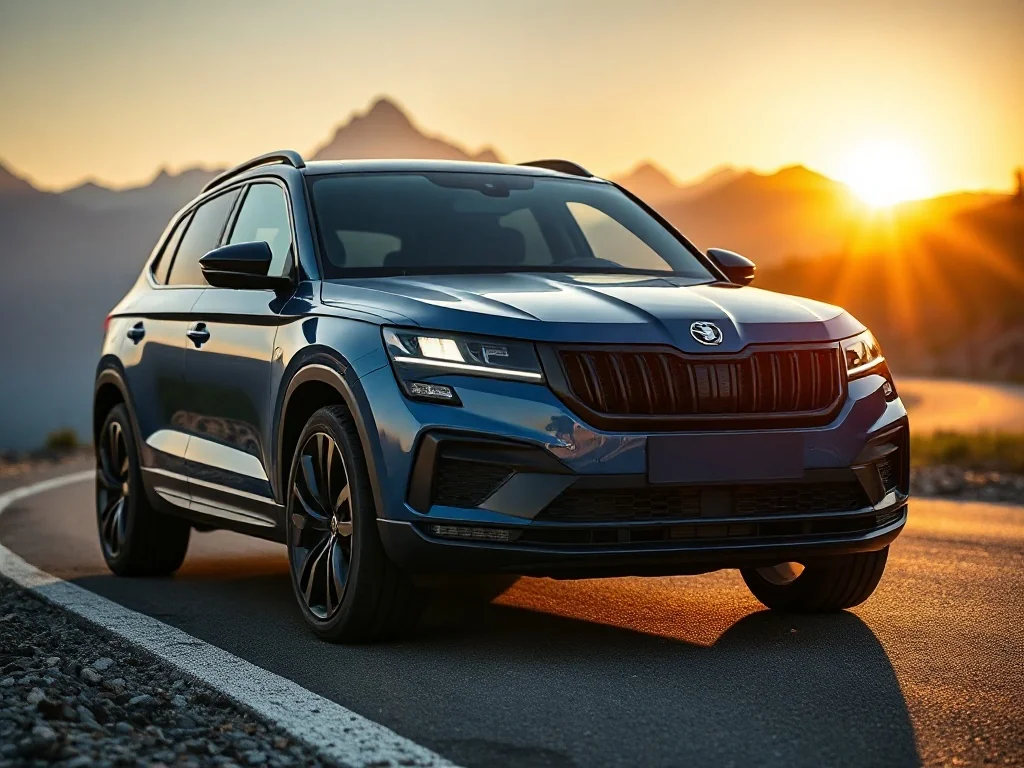 Niebieska Skoda Kodiaq RS zaparkowana na górskiej drodze w świetle zachodzącego słońca.
