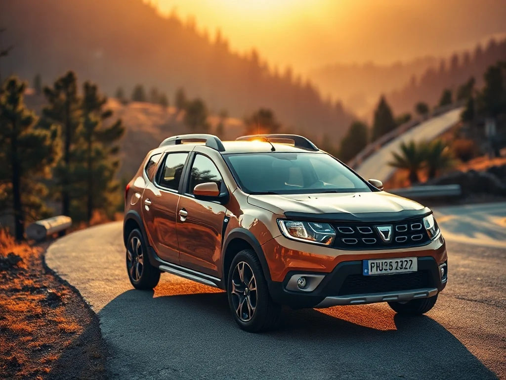 Nowoczesna Dacia Sandero Stepway zaparkowana na malowniczej górskiej drodze w świetle zachodzącego słońca.