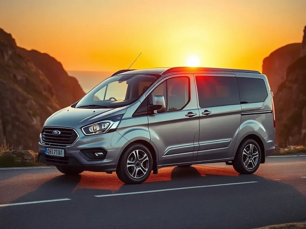 Srebrny Ford Grand Tourneo Connect zaparkowany na malowniczej nadmorskiej drodze podczas zachodu słońca.