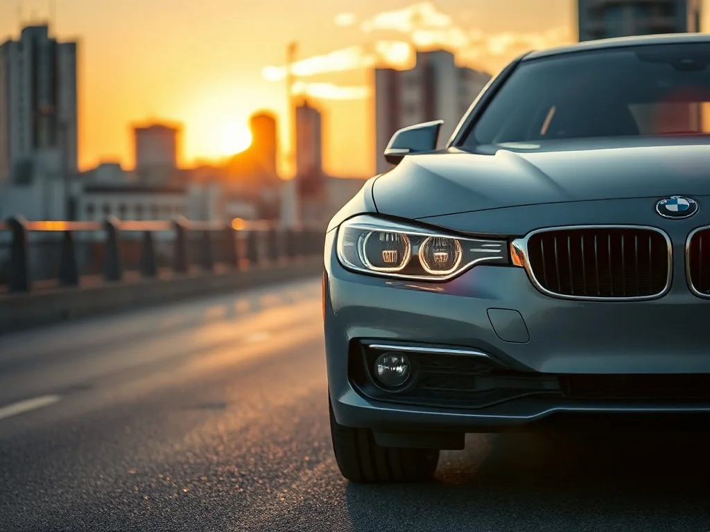 Srebrne BMW 230i zaparkowane na tle miejskiego krajobrazu w świetle zachodzącego słońca. Widok na detale przodu samochodu.