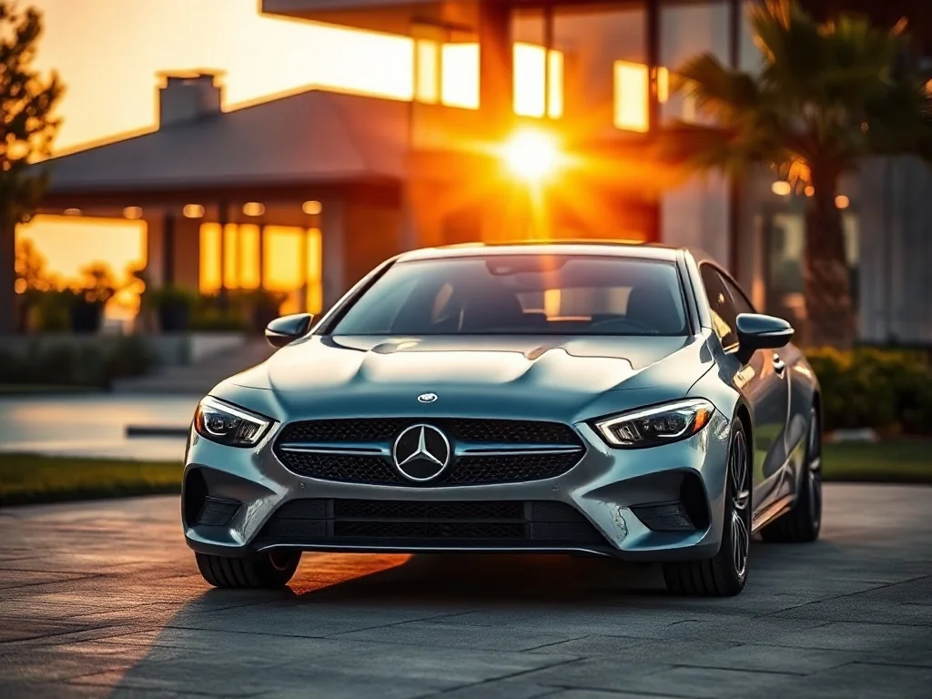Srebrny Mercedes klasy E W213 zaparkowany na nowoczesnym podjeździe w świetle zachodzącego słońca.