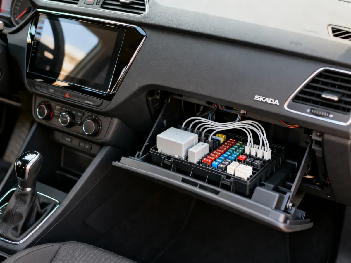 Cabin fuse box behind the lowered driver-side glovebox in a Skoda Fabia