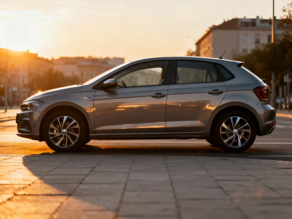 Nowoczesny Volkswagen Polo zaparkowany na miejskiej ulicy w świetle zachodzącego słońca, podkreślającym jego sylwetkę.