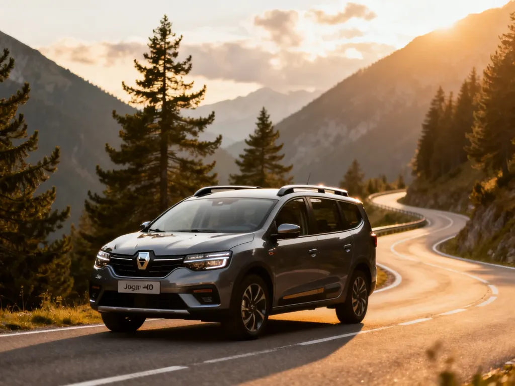 Dacia Jogger Hybrid 140 zaparkowana na malowniczej górskiej drodze w świetle zachodzącego słońca.