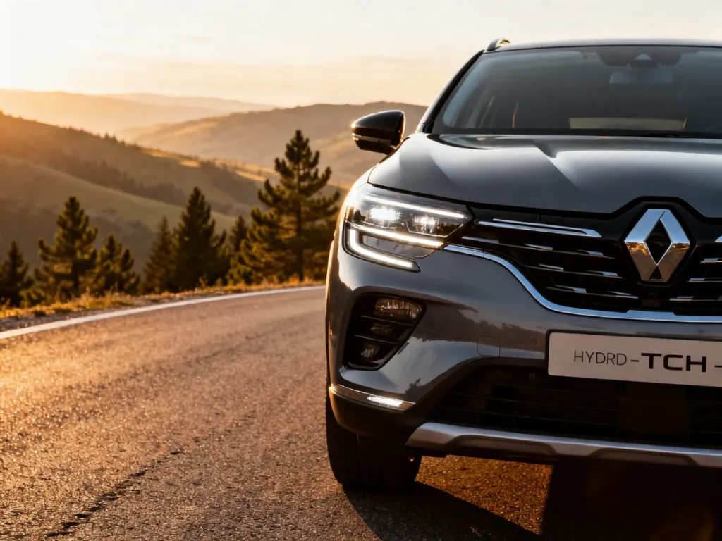 Nowoczesny hybrydowy SUV Renault Austral E-Tech zaparkowany na górskiej drodze w świetle zachodzącego słońca.