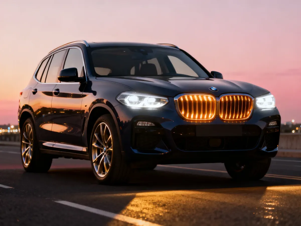 BMW X3 G45 z oświetloną nerką i charakterystycznymi reflektorami o zmierzchu