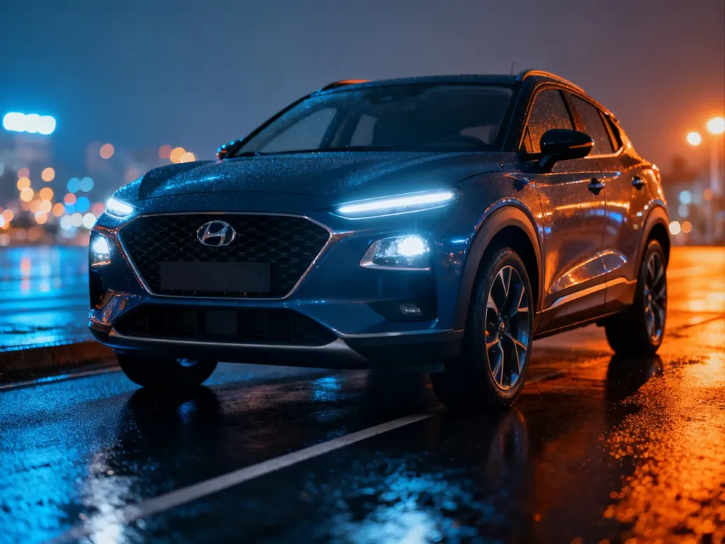 Nowoczesny Nissan Juke zaparkowany na mokrym asfalcie w wieczornej scenerii miasta z efektownym oświetleniem LED.