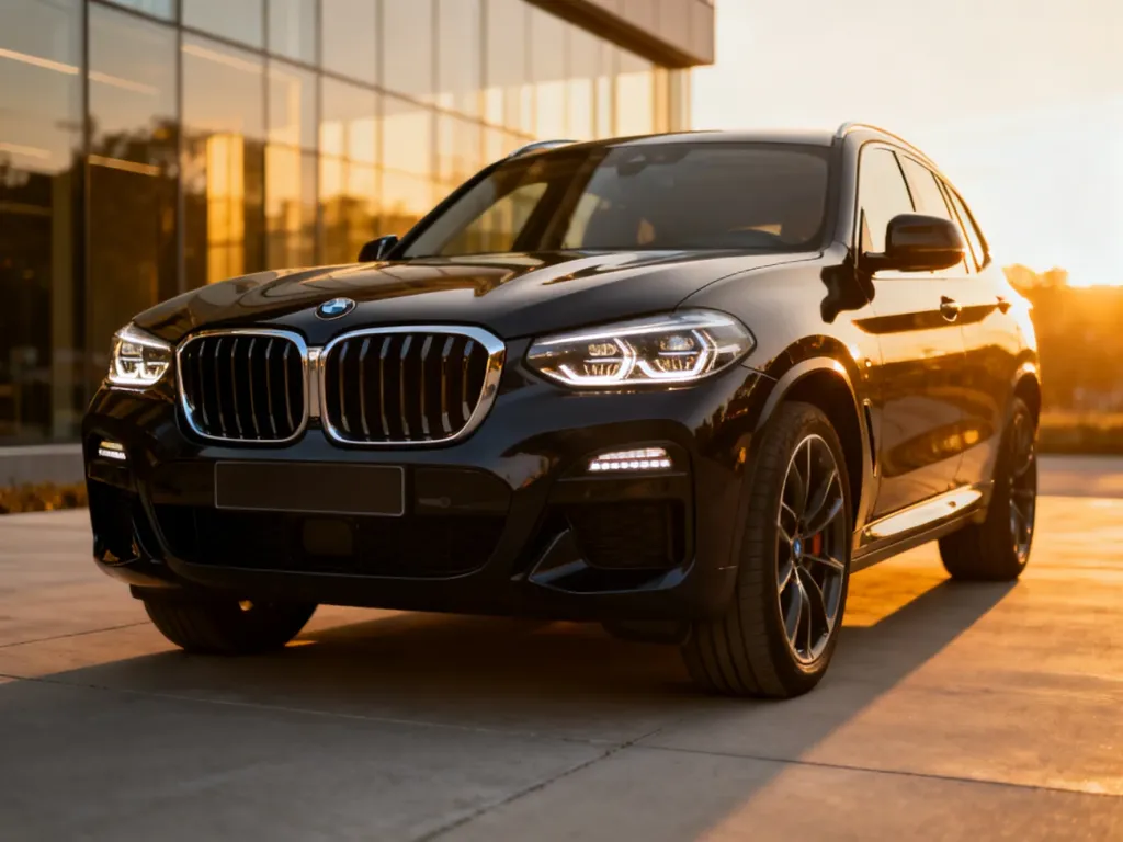 Nowe BMW X3 G45 zaparkowane na minimalistycznym podjeździe w świetle zachodzącego słońca, eksponujące nowoczesny design.