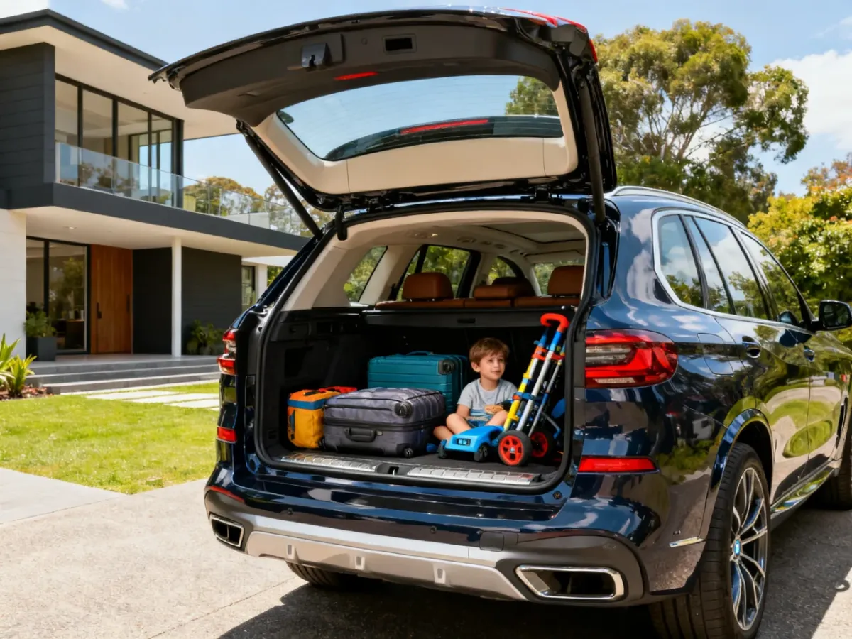 Przestronny bagażnik BMW X5 G05 z otwartą dzieloną klapą
