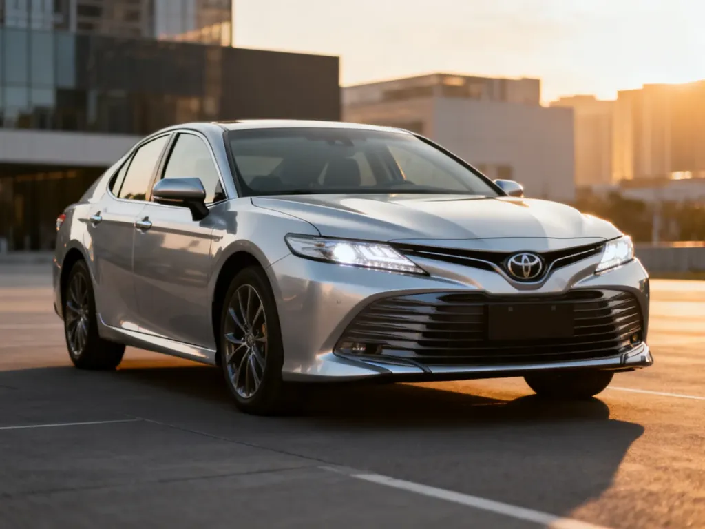 Srebrna Toyota Camry XV70 zaparkowana na tle nowoczesnej architektury w świetle zachodzącego słońca.