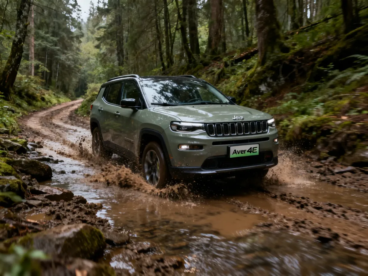 Jeep Avenger 4xe pokonujący błotnisty leśny szlak z płytkim brodem