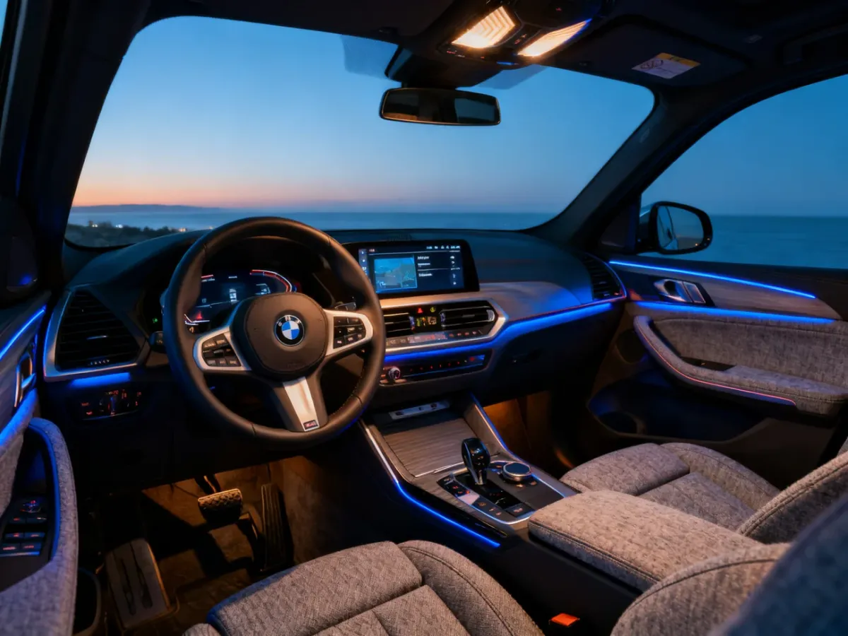 Cyfrowe wnętrze BMW X3 G45 z zakrzywionym ekranem i oświetleniem ambientowym