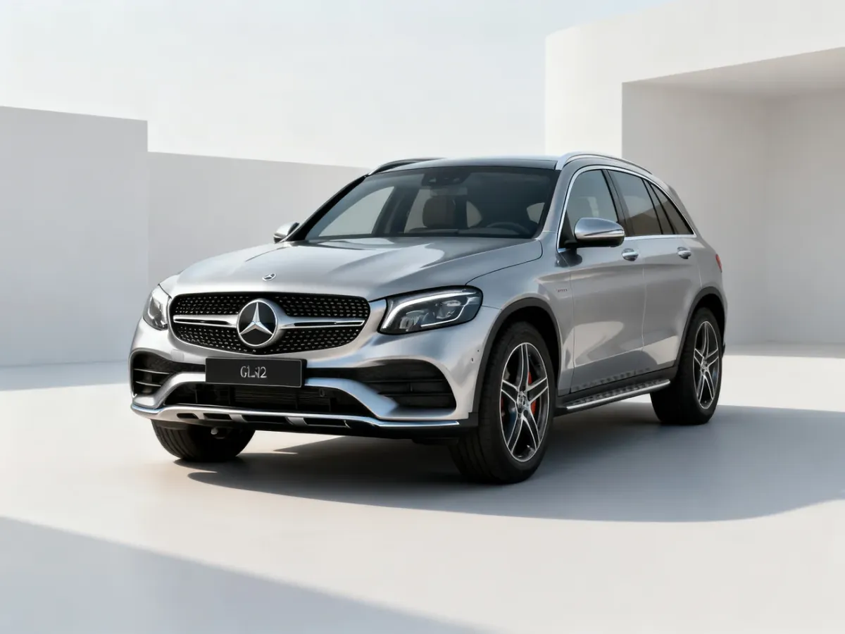Srebrny Mercedes GLC X254 ukazany z przodu, podkreślający opływową sylwetkę