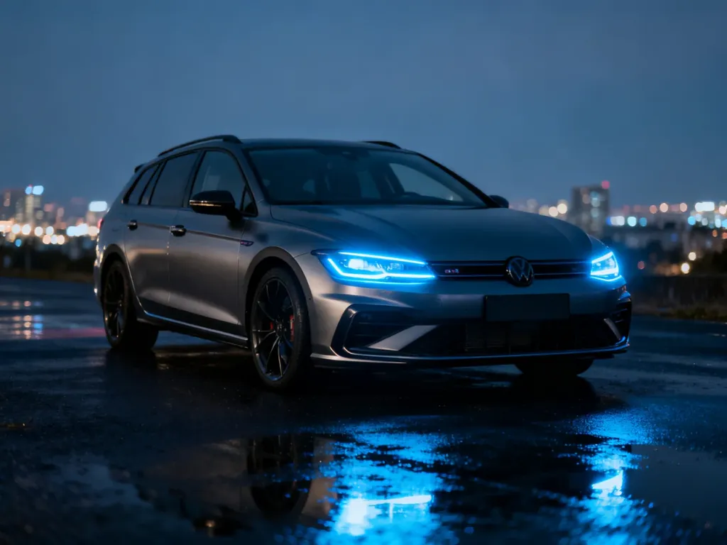 Matowy, szary Cupra Leon ST zaparkowany na mokrym asfalcie w scenerii nocnego miasta z efektownym oświetleniem LED.