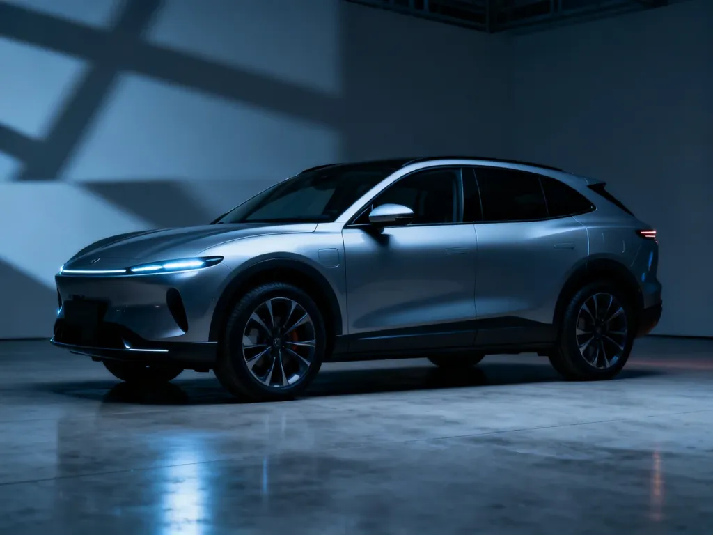 Nowoczesny crossover Hyundai Kona SX2 zaparkowany w industrialnym studiu, ukazujący aerodynamiczną sylwetkę auta.