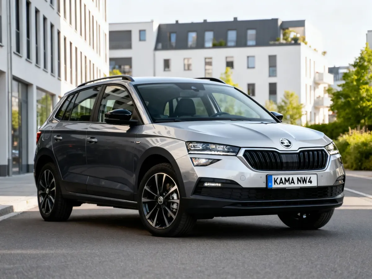 Skoda Kamiq NW4 zaparkowana na miejskiej ulicy