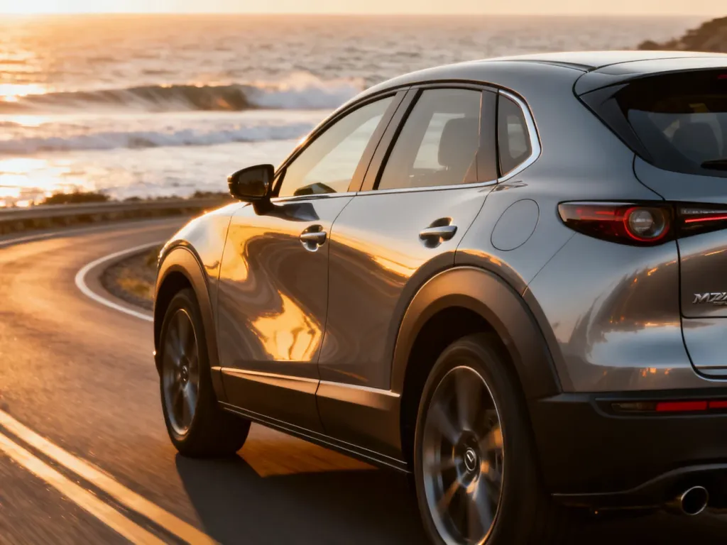 Nowoczesna Mazda CX-30 jadąca krętą nadmorską drogą w blasku zachodzącego słońca, podkreślającym aerodynamiczną sylwetkę auta.