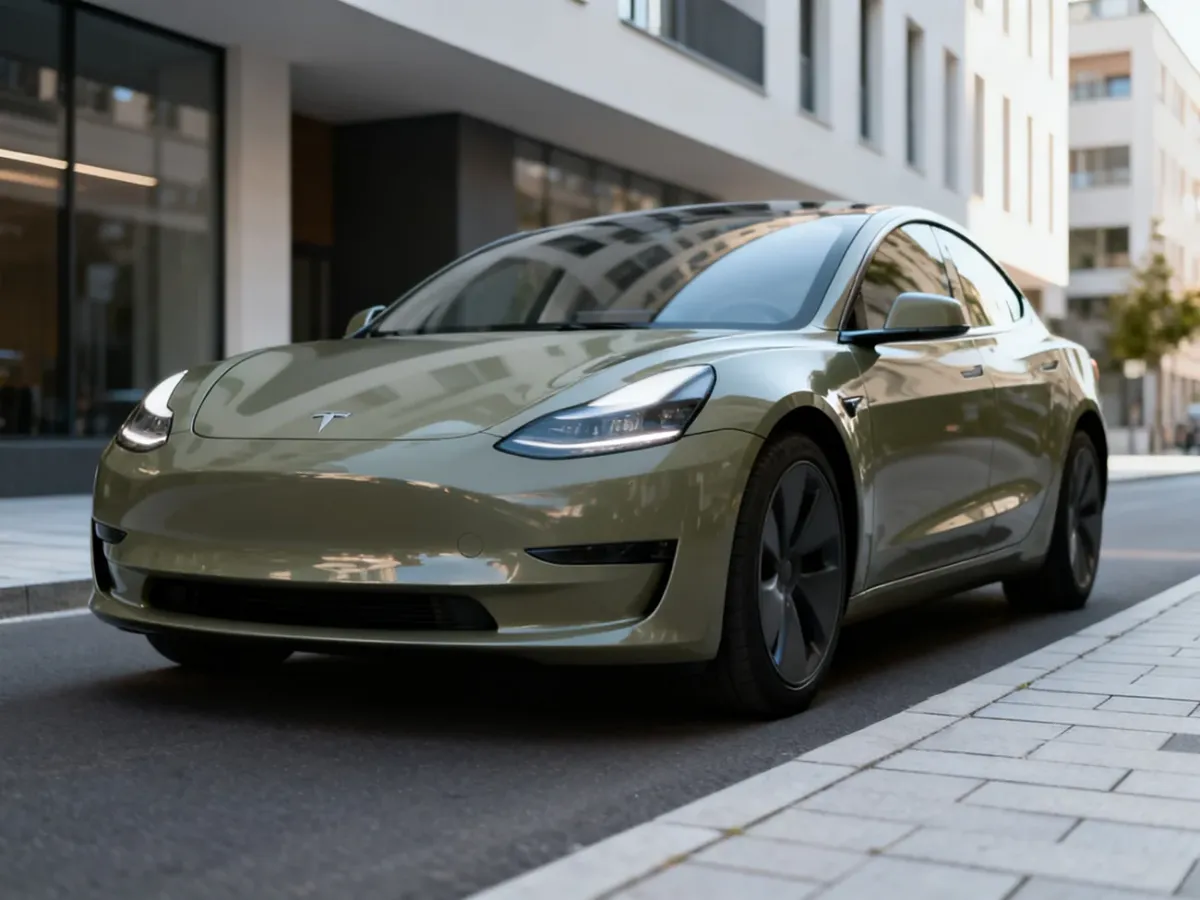 Tesla Model 3 Highland z przodu, z charakterystycznymi wąskimi reflektorami i aerodynamiczną sylwetką