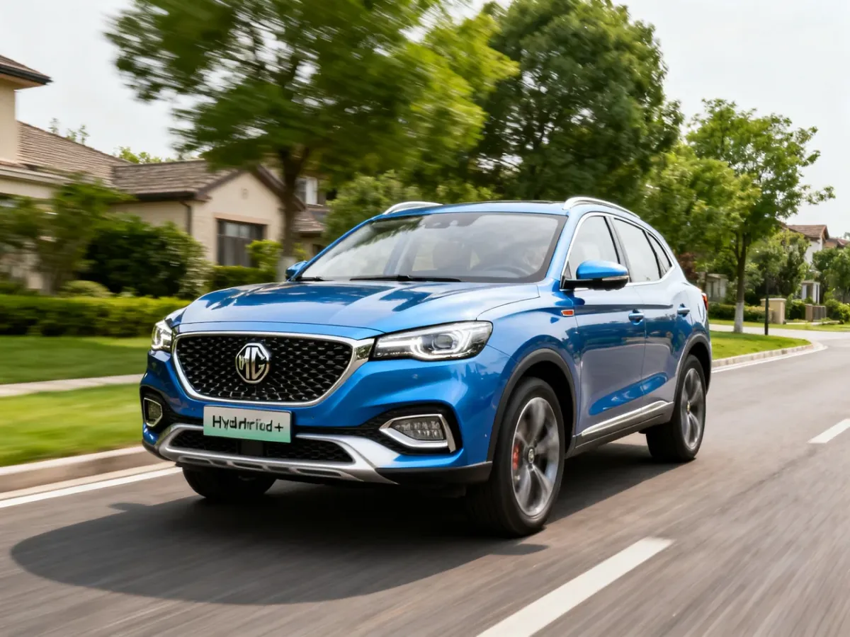 MG HS Hybrid+ jadący po podmiejskiej drodze