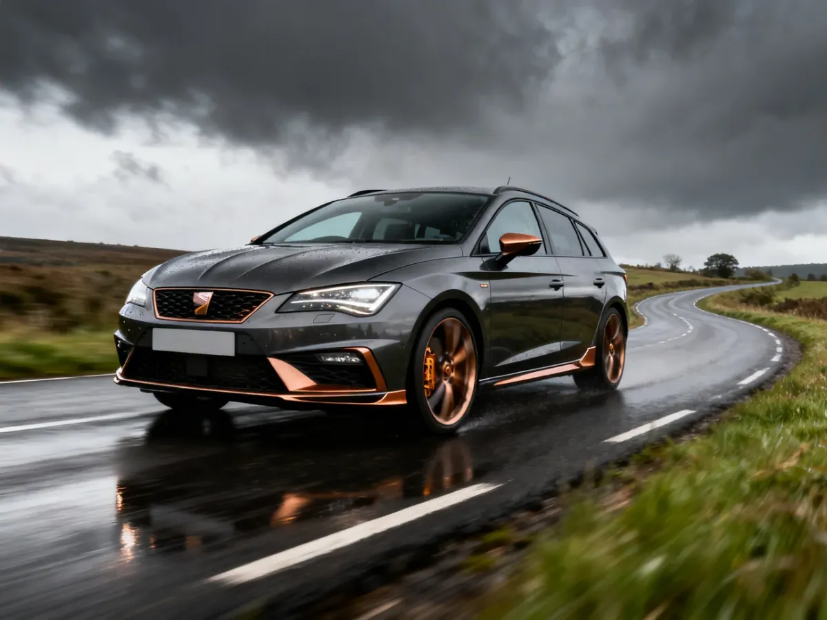 Cupra Leon ST dynamicznie pokonująca krętą drogę