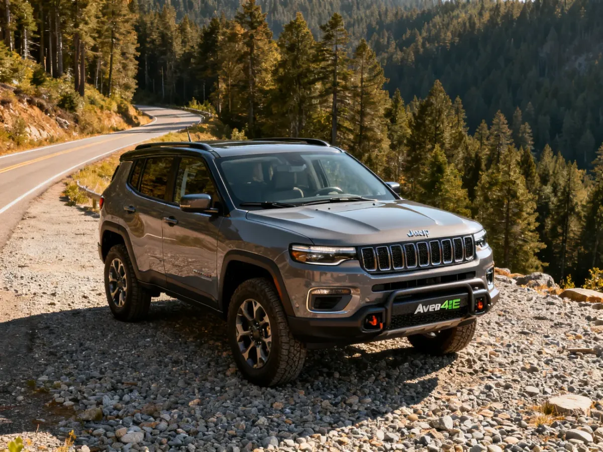 Jeep Avenger 4xe zaparkowany na żwirowej drodze w leśnym otoczeniu