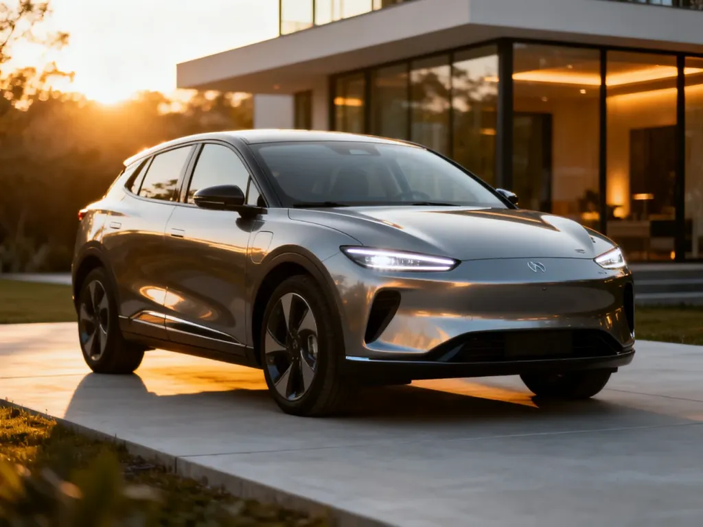 Nowoczesny elektryczny Ford Puma Gen-E zaparkowany na podjeździe w świetle zachodzącego słońca.