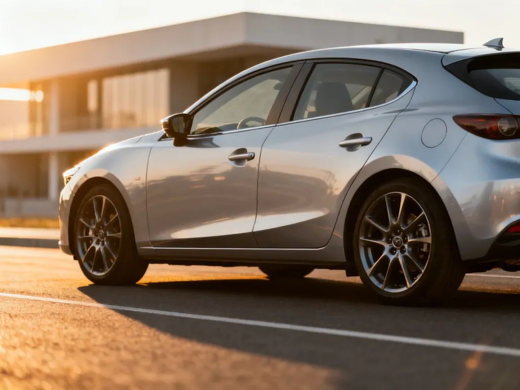 Srebrny hatchback Kia Ceed zaparkowany na tle nowoczesnego budynku w świetle zachodzącego słońca.