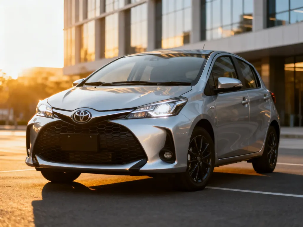 Srebrna Toyota Yaris XP210 zaparkowana na nowoczesnej ulicy w blasku zachodzącego słońca.