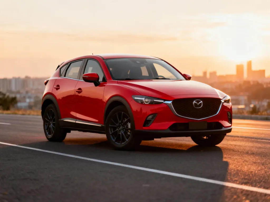 Czerwony Seat Arona FR zaparkowany na asfalcie podczas zachodu słońca, podkreślający sportowy design crossovera.