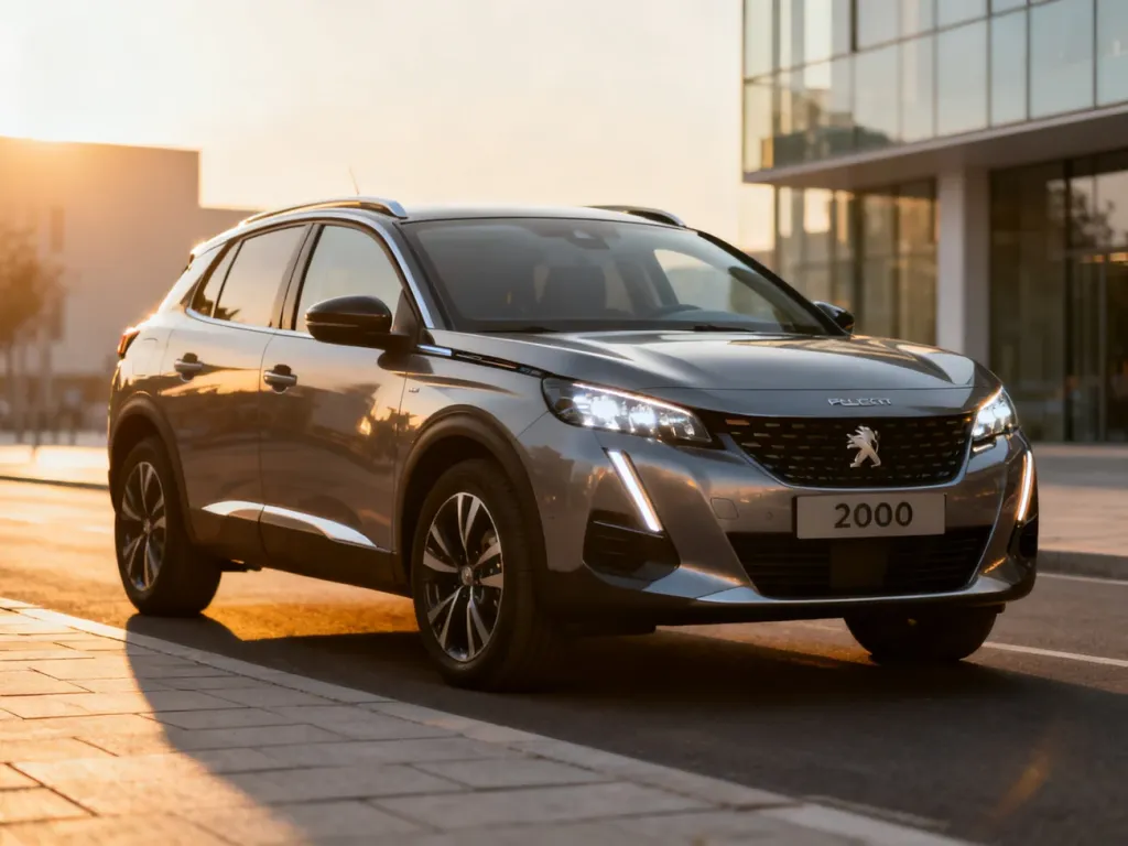 Nowoczesny Peugeot 2008 zaparkowany na miejskiej ulicy w świetle zachodzącego słońca, podkreślającym jego dynamiczną sylwetkę.