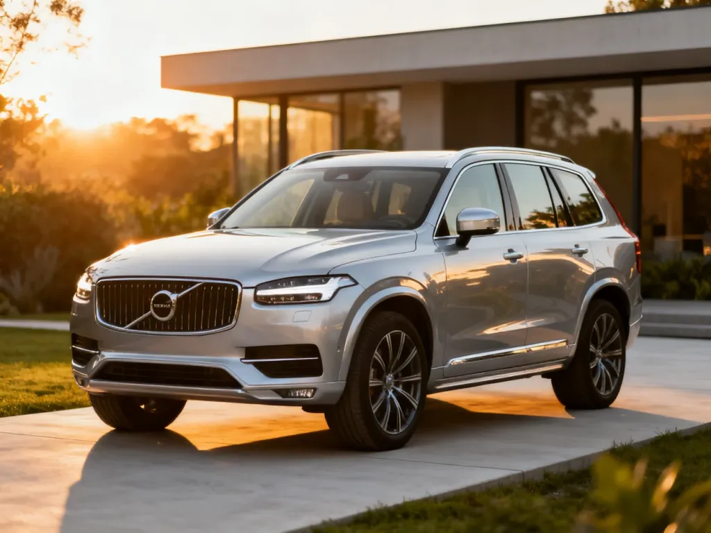 Srebrny SUV Volvo XC90 zaparkowany na nowoczesnym podjeździe w świetle zachodzącego słońca.