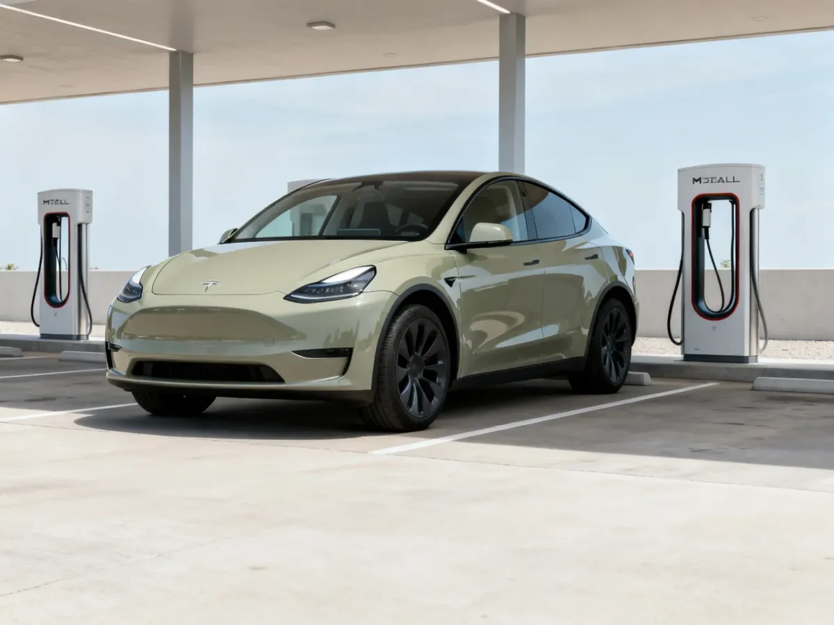 Tesla Model Y Juniper przy stacji ładowania samochodów elektrycznych