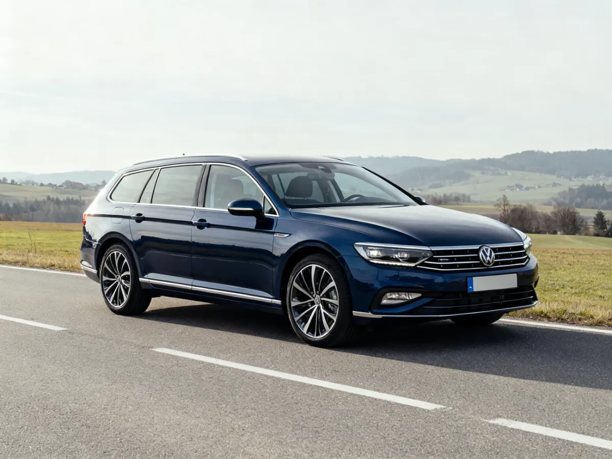 Volkswagen Passat B9 Variant na drodze w otoczeniu europejskiego krajobrazu
