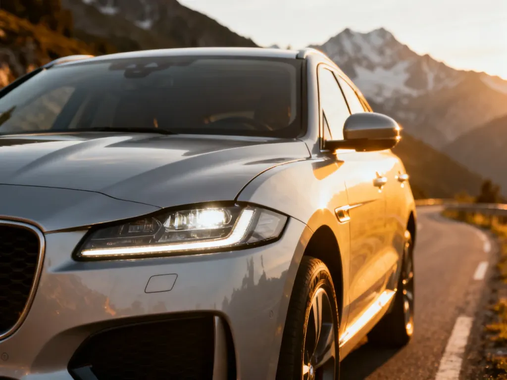 Srebrny Mercedes GLC zaparkowany na górskiej drodze w świetle zachodzącego słońca, podkreślającym jego nowoczesną sylwetkę.