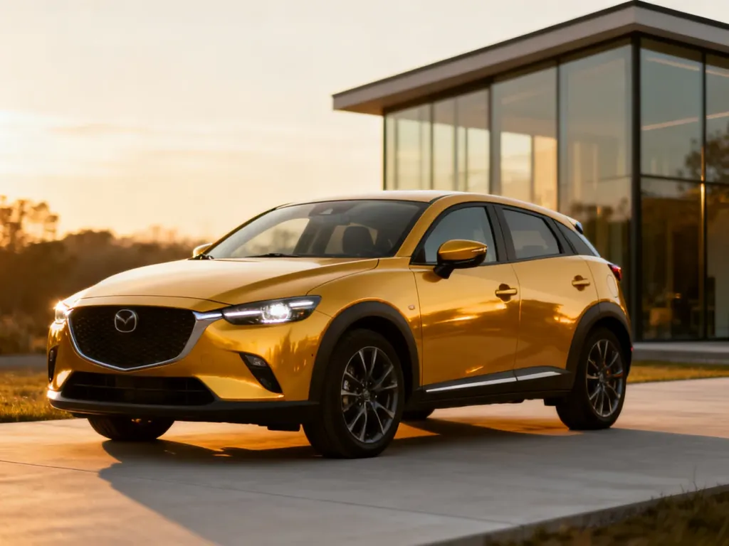 Nowoczesny SUV BMW X1 U11 zaparkowany na podjeździe w świetle zachodzącego słońca, podkreślającym jego dynamiczną sylwetkę.