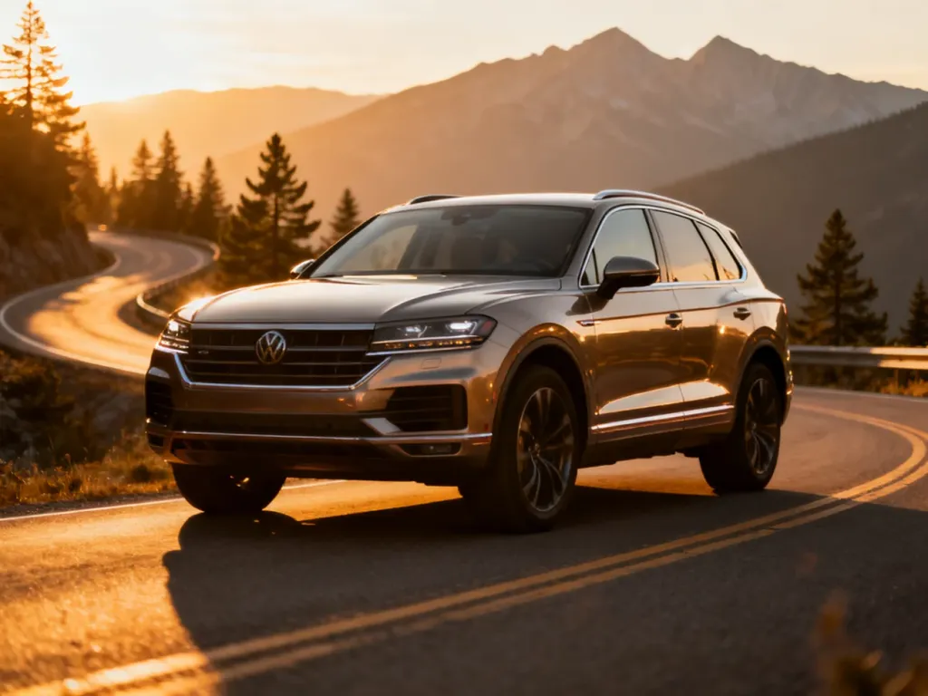 Nowoczesny Citroen C5 Aircross zaparkowany na górskiej drodze w świetle zachodzącego słońca.