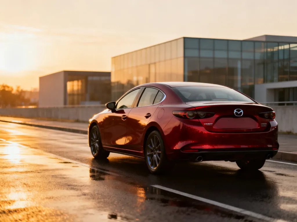 Nowoczesna Mazda 3 BP w kolorze głębokiej czerwieni zaparkowana na mokrym asfalcie podczas zachodu słońca.