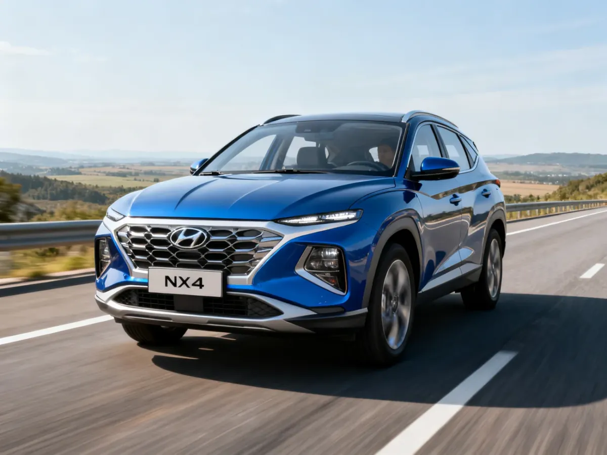 Hyundai Tucson NX4 jadący autostradą w nowoczesnej odmianie SUV