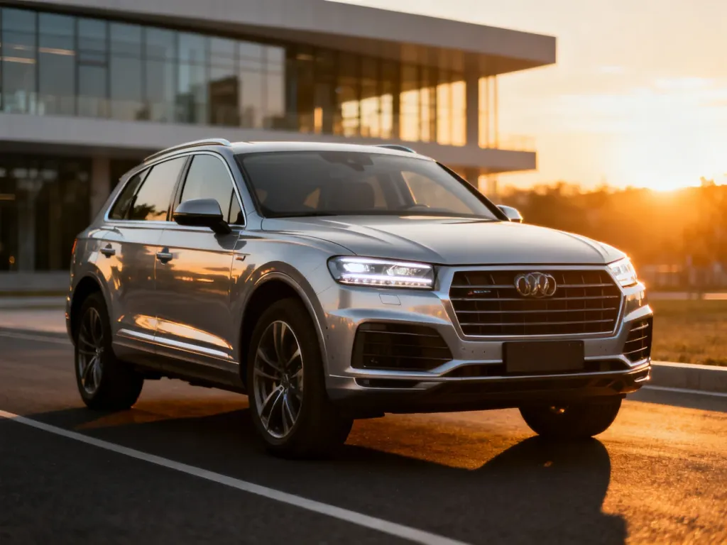 Srebrny SUV Audi Q5 FY zaparkowany na tle nowoczesnego budynku w świetle zachodzącego słońca.