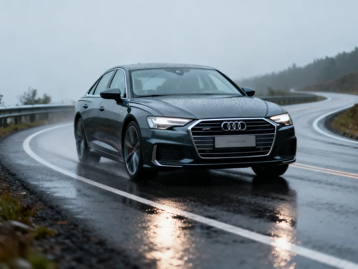 Audi A6 C8 na mokrej drodze