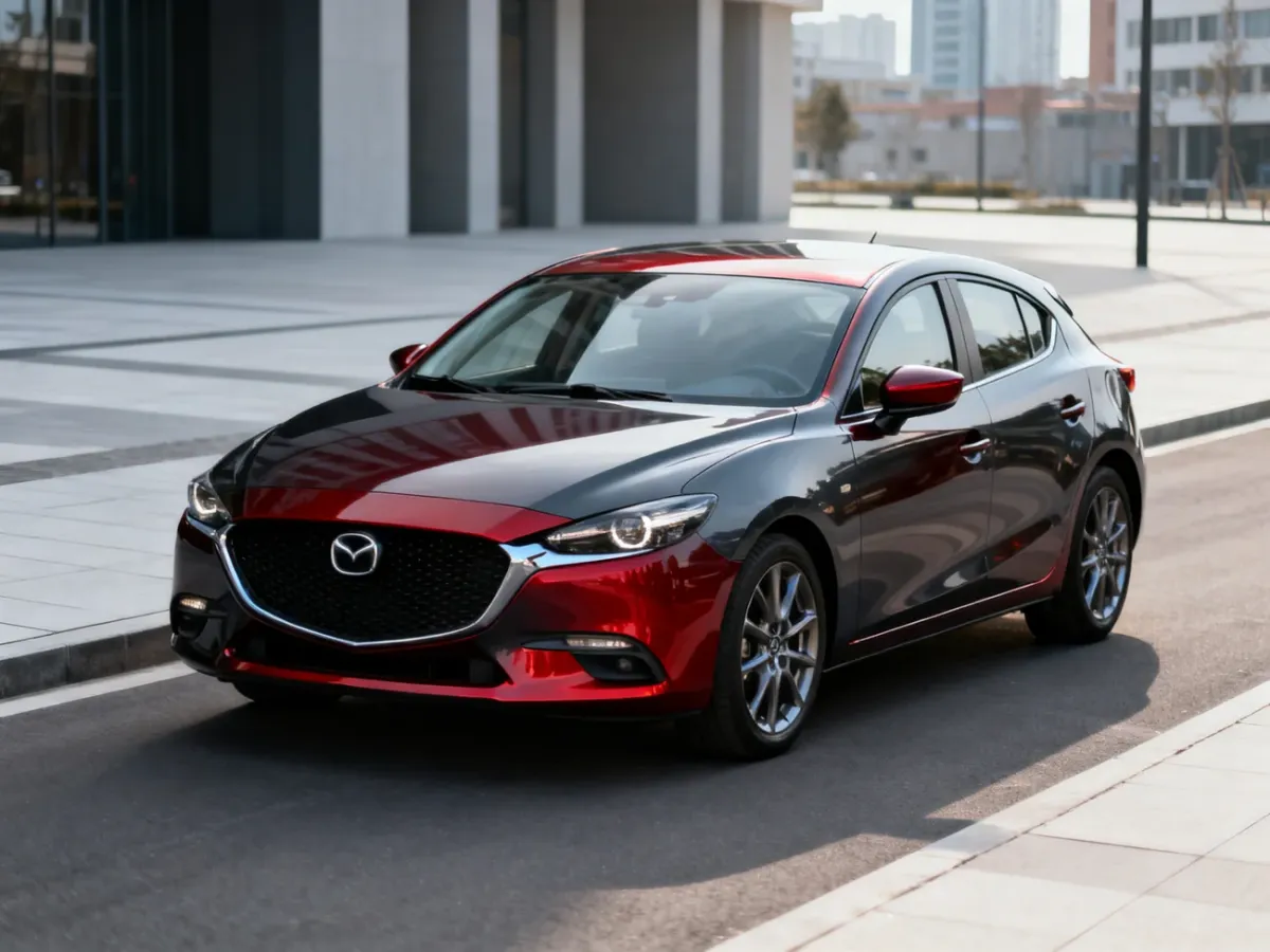 Mazda 3 BP hatchback viewed from the front at a city street